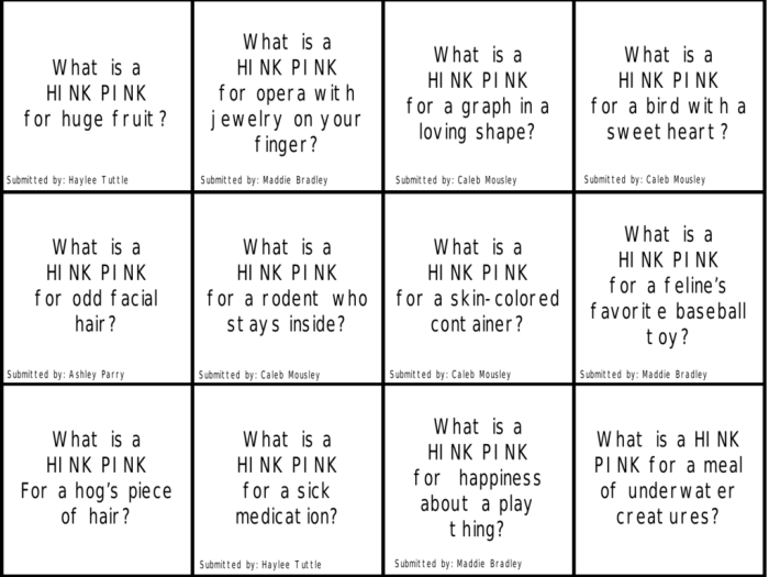 Hink pinks worksheets with answers