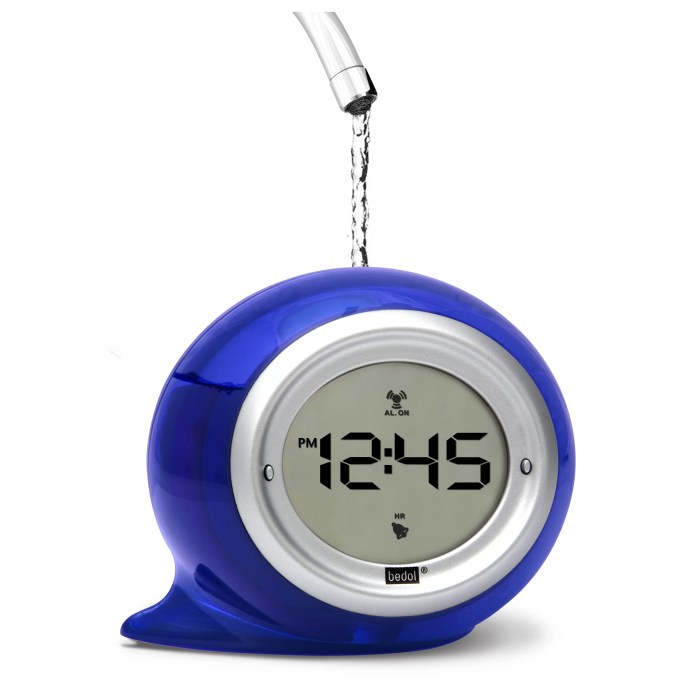 Alarm gadgets eco friendly clock powered water travels take